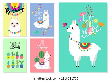 Llamas cortas, alpacas y cactus ilustraciones para el diseño de viveros, afiches, saludos, tarjetas de cumpleaños, diseño de la ducha para bebés y decoración de fiestas