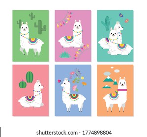 Cute llamas, alpacas and cactus  illustrations for nursery design, poster, greeting, birthday card, baby shower design and party decor