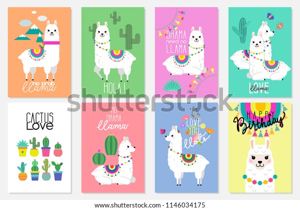 Cute llamas, alpacas and cactus  illustrations for\
nursery design, poster, greeting, birthday card, baby shower design\
and party decor