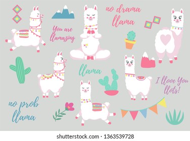 Cute llamas or alpacas with colorful spring flowers, cactus hand drawn vector illustration