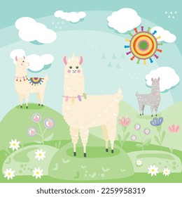 Cute llamas or alpacas with colorful spring flowers hand drawn vector illustration.