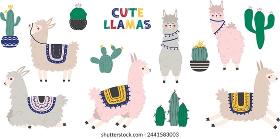 Cute llamas and alpacas isolated on a white background. Llamas with tropical cactus set