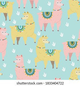 Llamas cortas, alpacas. Patrón sin foco. Ilustración de dibujos animados con dibujos a mano para tela textil, papel envolvente, diseño de vivero, afiche, tarjeta de felicitación o decoración de fiesta.