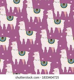 Cute llamas, alpacas. Seamless pattern. Vector funny cartoon hand drawn illustration for fabric textile, wrapping paper, nursery design, poster, greeting card or party decor.