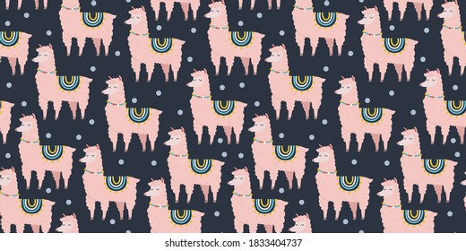 Cute llamas, alpacas. Seamless pattern. Vector funny cartoon hand drawn illustration for fabric textile, wrapping paper, nursery design, poster, greeting card or party decor.