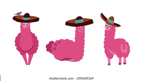 Cute llamas and alpacas set in sombrero. Funny smiling animals isolated on white background. Hand drawn llama character illustration for nursery design, poster, greeting, birthday card, baby decor.