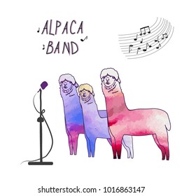 Cute Llamas, Alpacas. The singing llamas. Musical group. Hand drawn vector illustration. For cards, notes, stickers, labels, tags