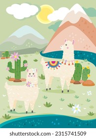 Lamotten ausruhen. Heller Sommerhintergrund mit Alpacas und Peru Landschaft.  Bereit für Kinder Design und Postkarte.