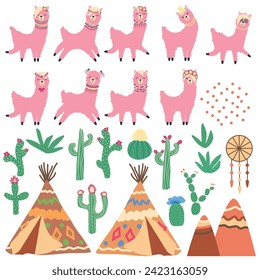 Cute llamas, cacti, Alps mountains, dream catcher, rainbows and hearts