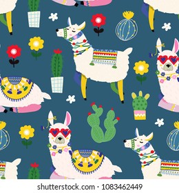 Cute llamas and cacti. Colored vector seamless pattern. Blue background