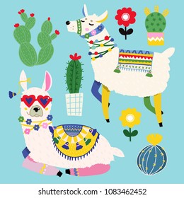 Cute llamas and cacti. Colored vector set. All elements are isolated