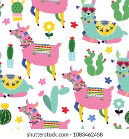 Cute llamas and cacti. Colored vector seamless pattern