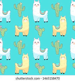 Cute llamas and cacti. Vector seamless pattern