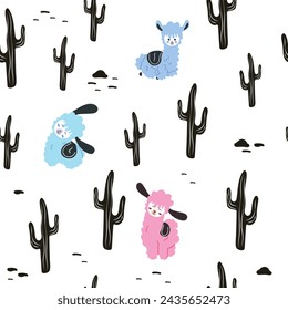 Cute Llamas and cactus seamless pattern