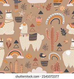 Cute llamas, cactuses, and rainbows in boho style. Vector design of seamless background in a simple childish hand-drawn style. Boho design for packaging, textiles, fabrics, children's clothing.