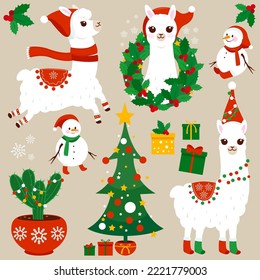 Cute llamas in Christmas costumes, Christmas tree, presents and other Christmas objects. Vector Illustration set