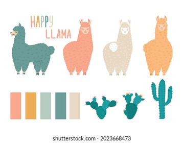 Cute llamas in different poses. Funny hand drawn characters of llamas and cacti. Vector illustration in cartoon style. Design for postcards, children's clothing, textiles, stationery, nursery.