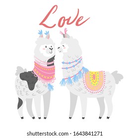 Cute llamas flat vector illustration. Adorable mexican alpaca couple with love lettering. Funny lama cartoon characters for t shirt print, valentine day greeting card design template