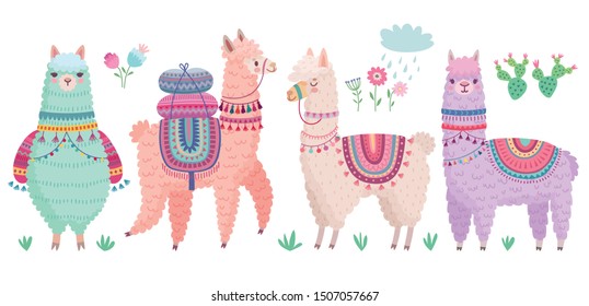 Llamas. Graciosos personajes dibujados a mano.Ilustración vectorial.