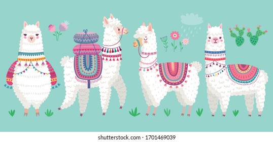 Llamas. Graciosos personajes de alpaca dibujados a mano. Ilustración vectorial.