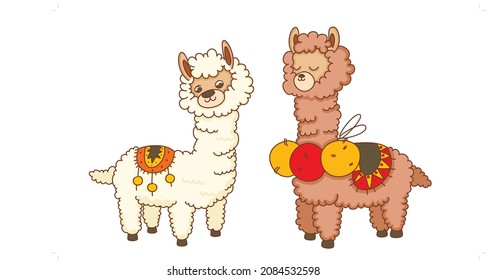 Cute Llamas. Funny hand drawn alpaca characters. Vector illustration.