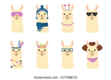 Cute llamas heads collection. Funny alpacas with different accessories. Template for nursery design, poster, stationery, birthday card, invitation, t shirt print, baby shower and party decor