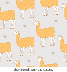 Cute llamas and hearts pattern. Linear style, llama cartoon character.