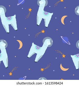 Cute llamas inspace, seamless pattern with stars, cute animals, moon, planet. Print for wallpaper, textile, fabric.