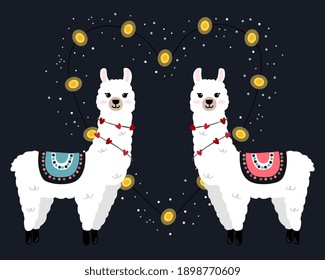 Cute llamas on blue background with hearts in cartoon flat style. Alpacas in love vector illustration for prints, textile, greeting cards, posters etc. Vector illustration