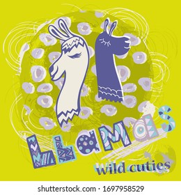 cute llamas on a green background with closed eyes and the inscription llamas and wild cuties is suitable for children's design