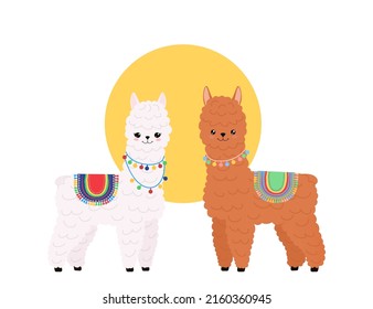 Cute llamas on white background. Funny kawaii characters of alpaca. Cartoon flat style. Vector illustration