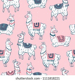 Cute llamas seamless pattern. Alpaca kid illustration. Summer style graphic. Vector illustration