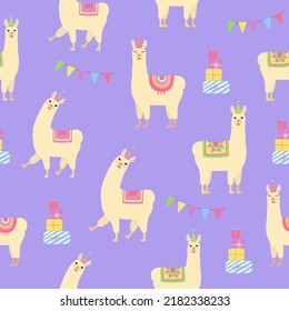 Cute llamas seamless pattern. Alpacas in birthday hats, gift boxes and flags. Background for birthday and baby shower design. Vector illustration