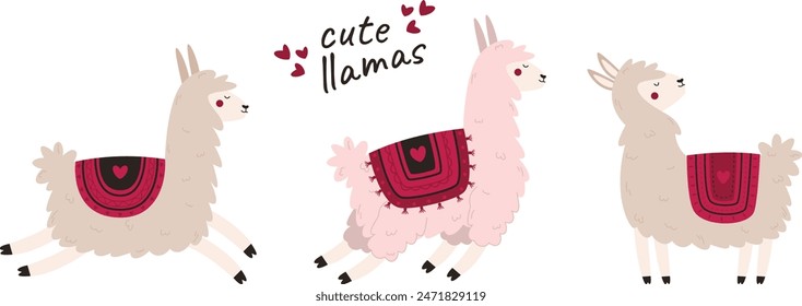 Cute llamas set. Funny cartoon characters. Alpacas with saddles.