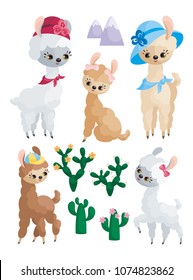 Cute llamas and their cubs. Colorful vector illustrations in cartoon style isolated on a white background.