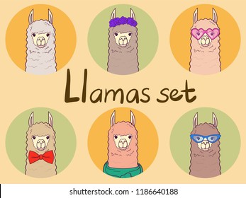 Cute LLamas with trendy accessories - glasses, bow-tie, flowers, scarf. Print for fabric, t-shirt, poster. Vector illustration
