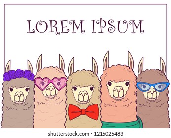 Cute LLamas with trendy accessories - glasses, bow-tie, flowers, scarf. Print for card, poster. Vector illustration
