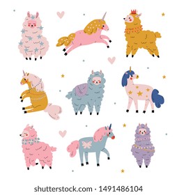 Cute Llamas and Unicorns Set, Adorable Animals Characters Vector Illustration