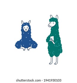 Cute llamas. Vector hand drawn illustrations with animal characters