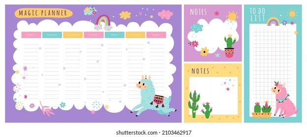 Cute Llamas Weekly Planner. Kids Schedule Of Classes. Notes And To Do List. Memo Pages With Cactuses. Alpaca Unicorn. Timetable Design With Animals. Organizer Sheets