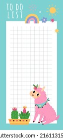 Cute llamas weekly planner. Magic alpaca unicorn. Kids to do list with animal rainbow and cactuses. Blank checkered sheet. Memo note. Tasks planning. Vector goals