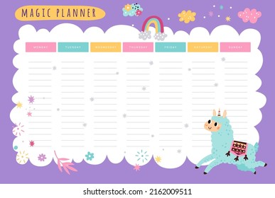 Planner semanal de llamas. Unicornio de alpaca mágica. Calendario de clases para niños. Arcoiris y nubes. Organizador escolar con un animal gracioso. Planificación de lecciones. Vector en blanco