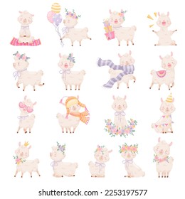 Cute Llamas with Wooly Coat and Happy Snout Big Vector Set