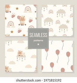 Cute llamb Pattern Background, Illustration Vector. Sheeps in clouds.