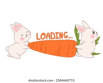 Cute "Loading" text with a kawaii rabbits and carrot illustration. Adorable and playful design for a fun waiting screen. Ideal for websites, apps, UI elements, social media, and digital stickers