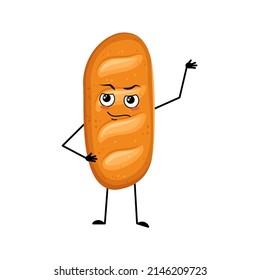 Cute loaf of bread character with emotions of hero, brave face, arms and leg. Baking person, homemade pastry with courage expression. Vector flat illustration