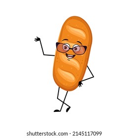 Pan lindo de personaje de pan con gafas y emoción feliz, cara, ojos de sonrisa, brazos y piernas. Una persona que hace el pan, pastelería casera con expresión divertida. Ilustración plana del vector