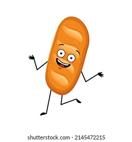 Cute loaf of bread character with joyful emotions, happy face, smile, arms and legs. Baking person, homemade pastry with funny expression. Vector flat illustration