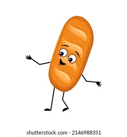 Cute loaf of bread character with joyful emotions, happy face, smile, arms and legs. Bakery, homemade pastry with funny expression and pose. Vector flat illustration