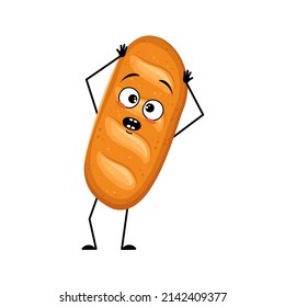 Cute loaf of bread character with panic emotions, surprised face, shocked eyes, arms and legs. Bakery, homemade pastry with scared expression and pose. Vector flat illustration